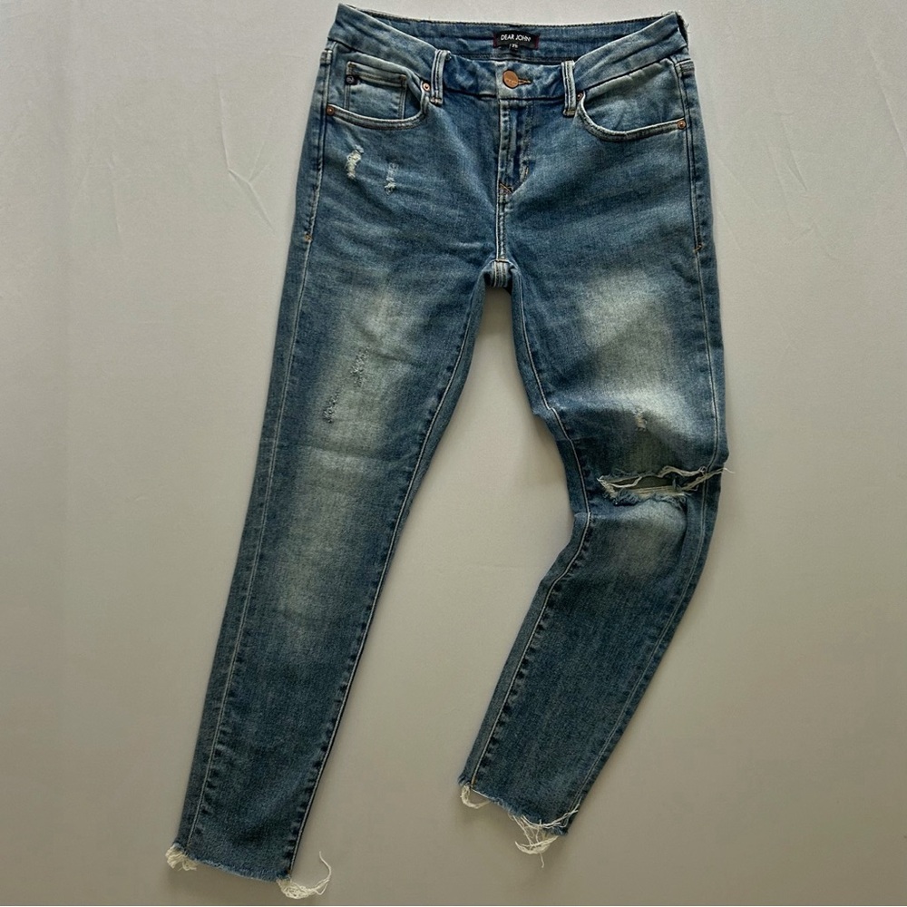 Dear John Blue Mid Rise Straight Leg Jeans Raw Ankle Hem Distressed Size 26